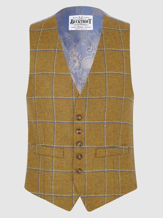 Tweed Vestje, Iain Waistcoat - Mustard / Blue Check