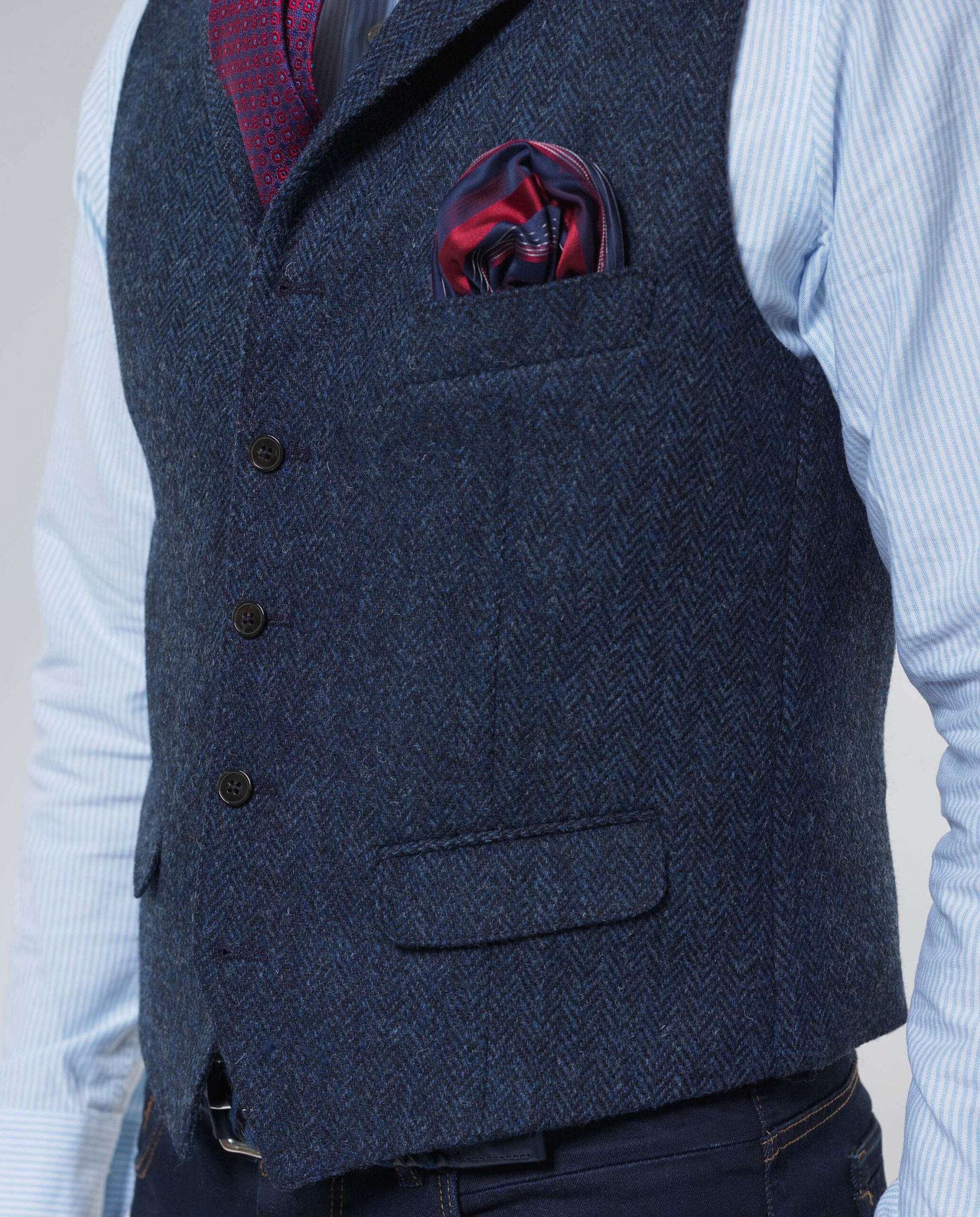 Harris Tweed Vestje Wales Met Revers In Blue Herringbone - Afbeelding 4