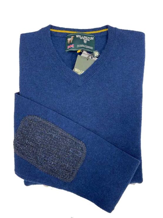 Pullover lambswool  Midnight met Harris Tweed details Blauw