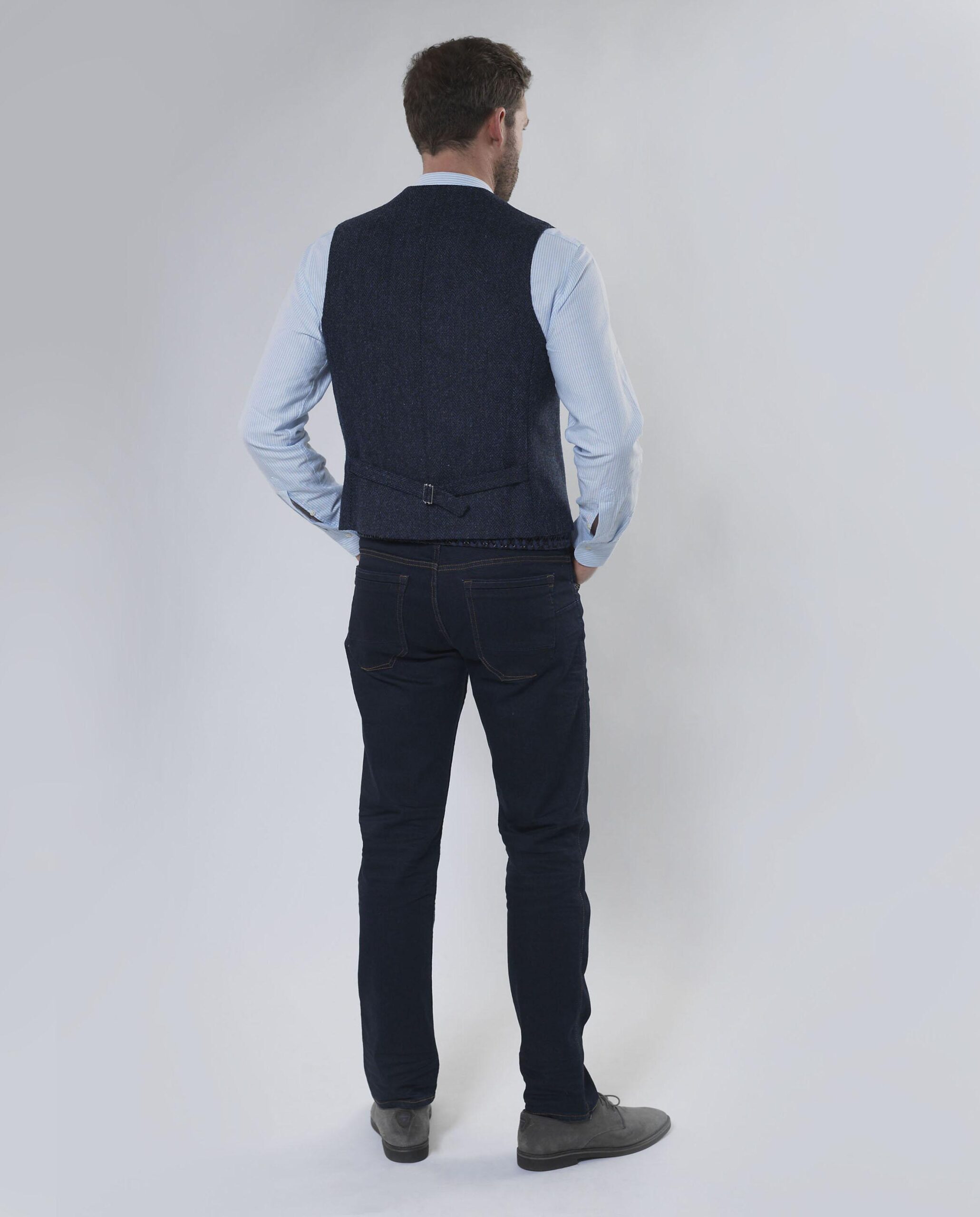 Harris Tweed Vestje Wales Met Revers In Blue Herringbone - Afbeelding 3