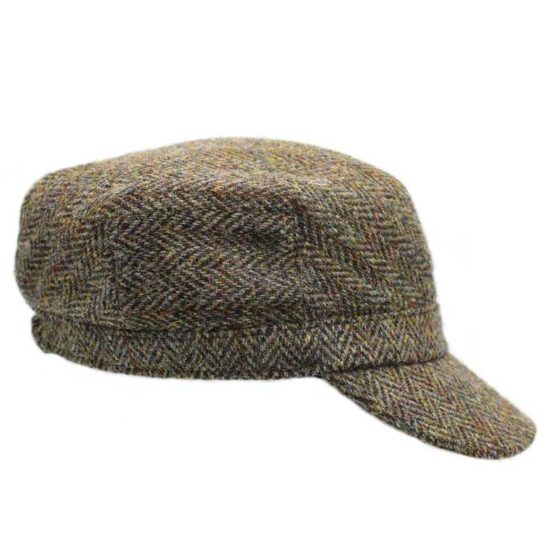 Harris Tweed Ladies Cadet Cap Green Brown Herringbone