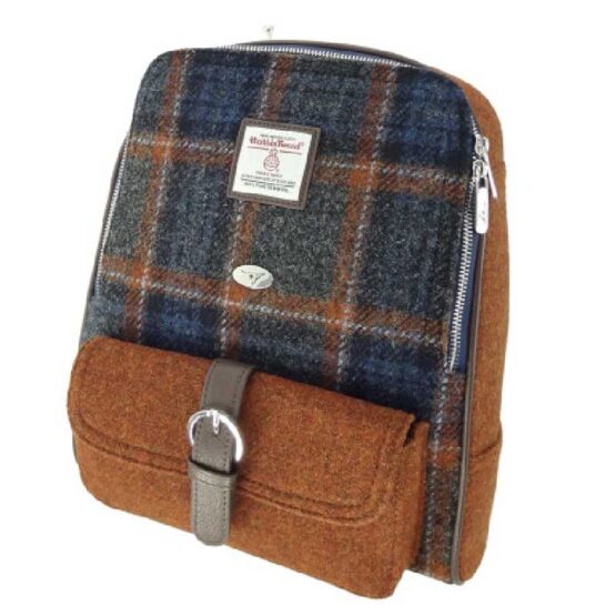 Harris Tweed 'Naver' Backpack in Grey with Rust Overcheck