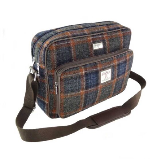 Harris Tweed 'Bowmont' Messenger Bag Grey with Rust Overcheck