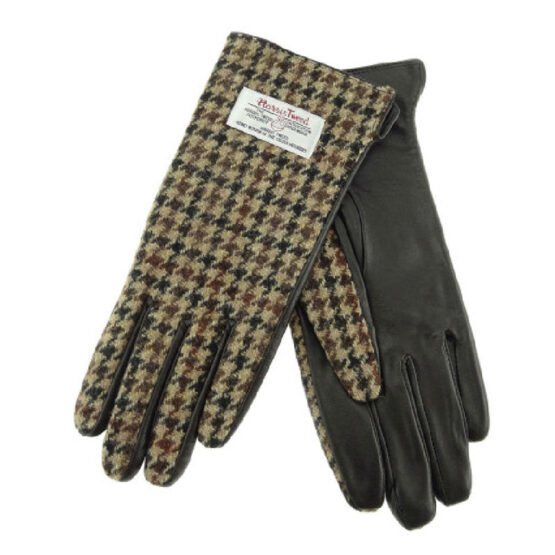 Ladies Brown Leather & Tweed Gloves in Brown Dogtooth