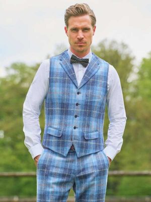 Harris Tweed Vestje Wales Met Revers In Jeans Herringbone