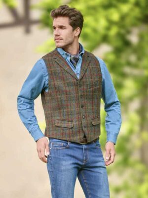 Harris Tweed Vestje Wales Met Revers In Red-Blue Check