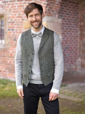 Harris Tweed Vestje Wales Met Revers In Black Herringbone