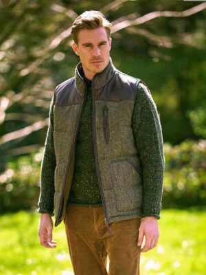 Harris Tweed Bodywarmer “Levi” Gevoerd Met Lederen Applicaties