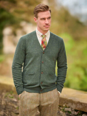 Cardigan lambswool met Harris Tweed details Forrest Green