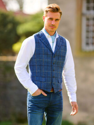 Harris Tweed Vestje Wales Met Revers In Blue Overcheck