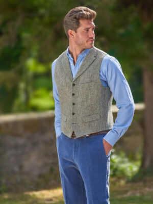 Harris Tweed Vestje Wales Met Revers In Multigreen