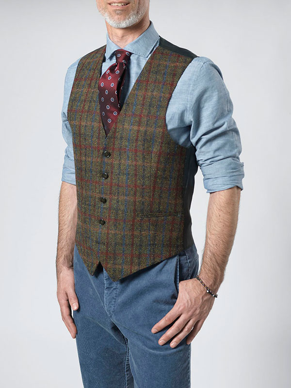 Harris Tweed Vestje Tailor Zonder Revers In Red-Blue Check - Afbeelding 3