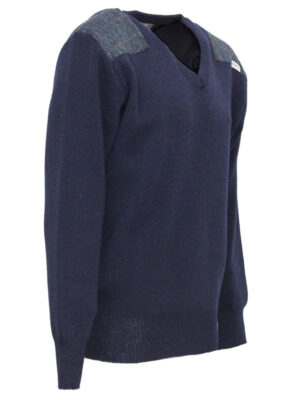 Vee neck sweater with Harris Tweed patches Navy