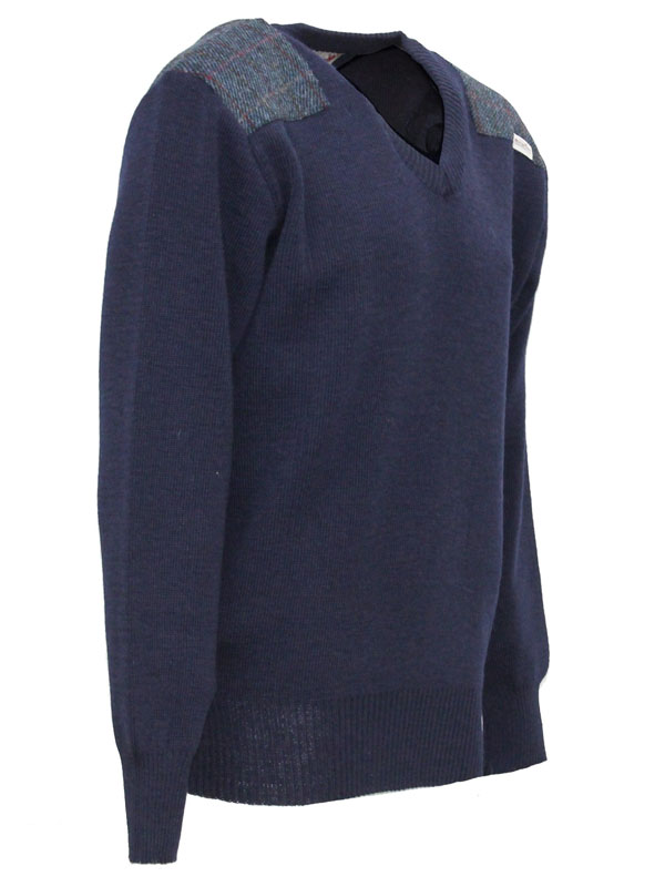 Vee_neck_sweater_with_Harris_Tweed_patches_Navy Vee_neck_sweater_with_Harris_Tweed_patches_Navy