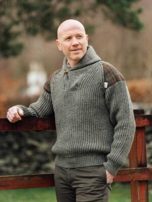 Chunky knit Shawl Collar Sweater with Harris Tweed patches Derbytweed