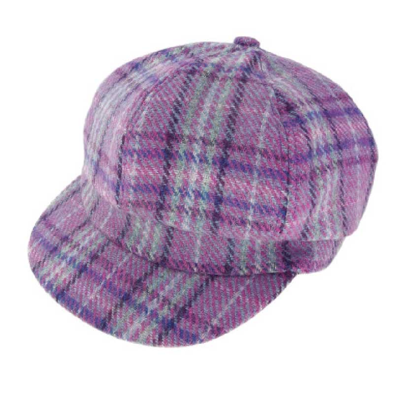 Harris Tweed One Size Ladies Cap in Purple and Mint Check