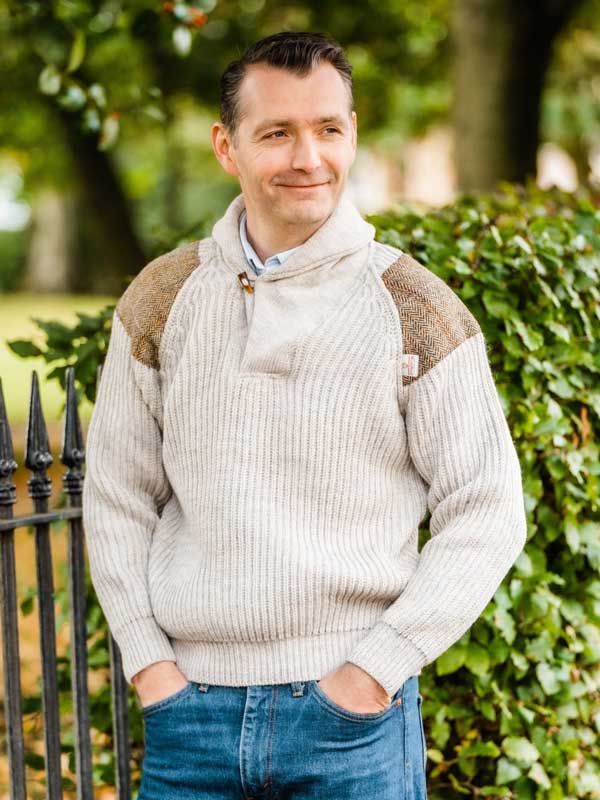 Chunky knit Shawl Collar Sweater with Harris Tweed patches Light Grey Welsh