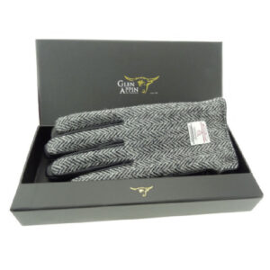 Gents Black Leather & Harris Tweed Gloves Boxed in Black White Herringbone
