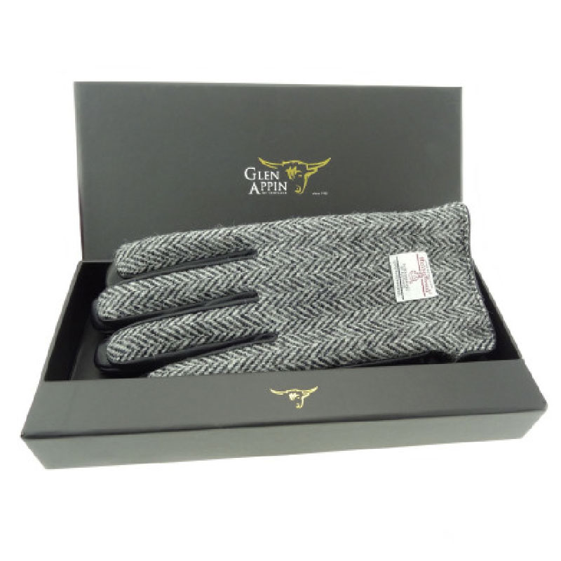 Gents Black Leather & Harris Tweed Gloves Boxed in Black White Herringbone