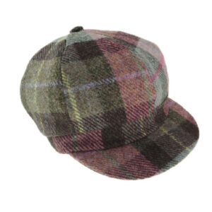 Harris Tweed One Size Ladies Cap in Muted Green and Rose Tartan