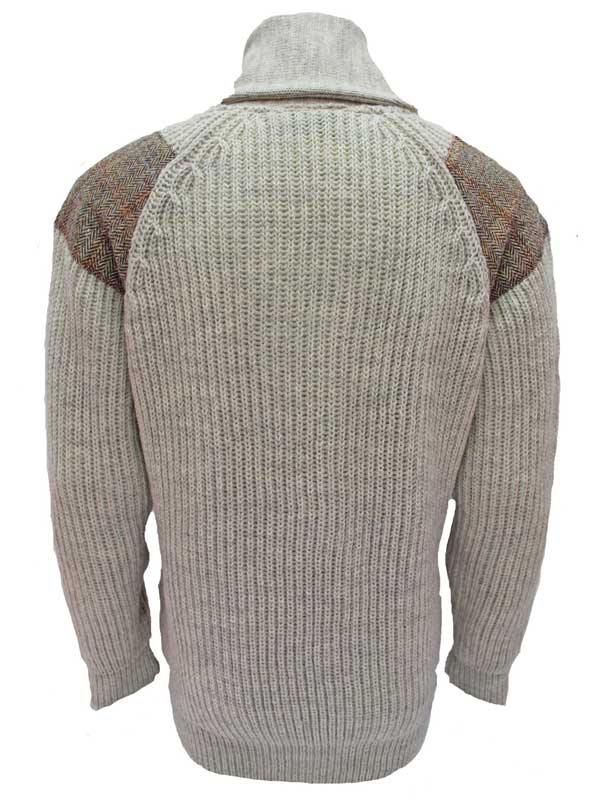 Chunky knit Shawl Collar Sweater with Harris Tweed patches Light Grey Welsh - Afbeelding 4