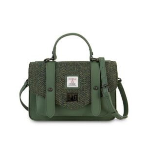 Harris Tweed Clutch, The Leather Mini Satchel, Islander, Dark Green herringbone