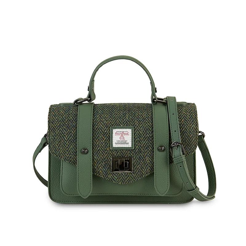 Harris Tweed Clutch, The Leather Mini Satchel, Islander, Dark Green herringbone