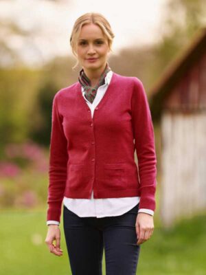 Merino Vest Mara The Cardigan Met Harris Tweed Details In Red Dahlia