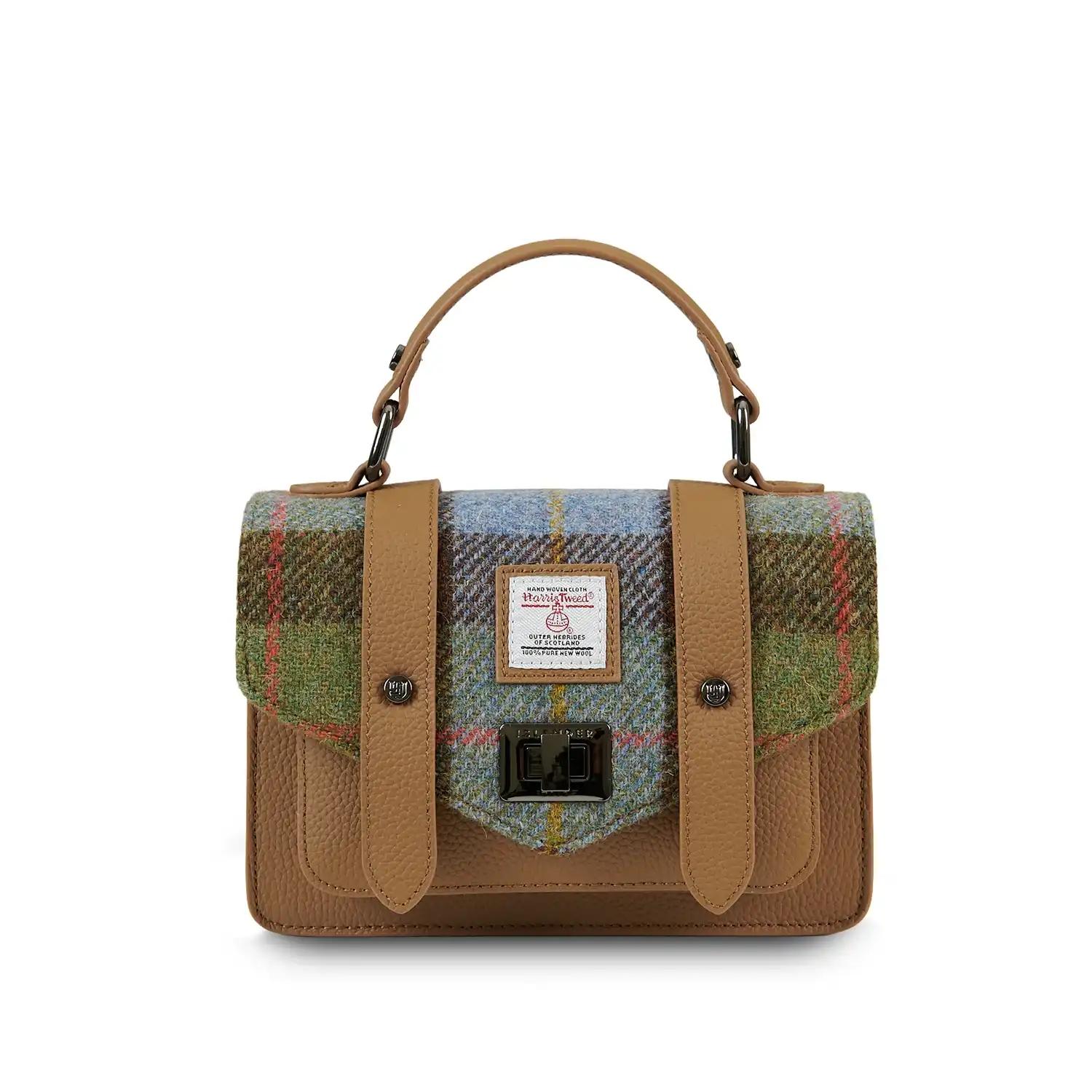 Harris Tweed Clutch, The Leather Mini Satchel, Islander, Chestnut-Blue Tartan