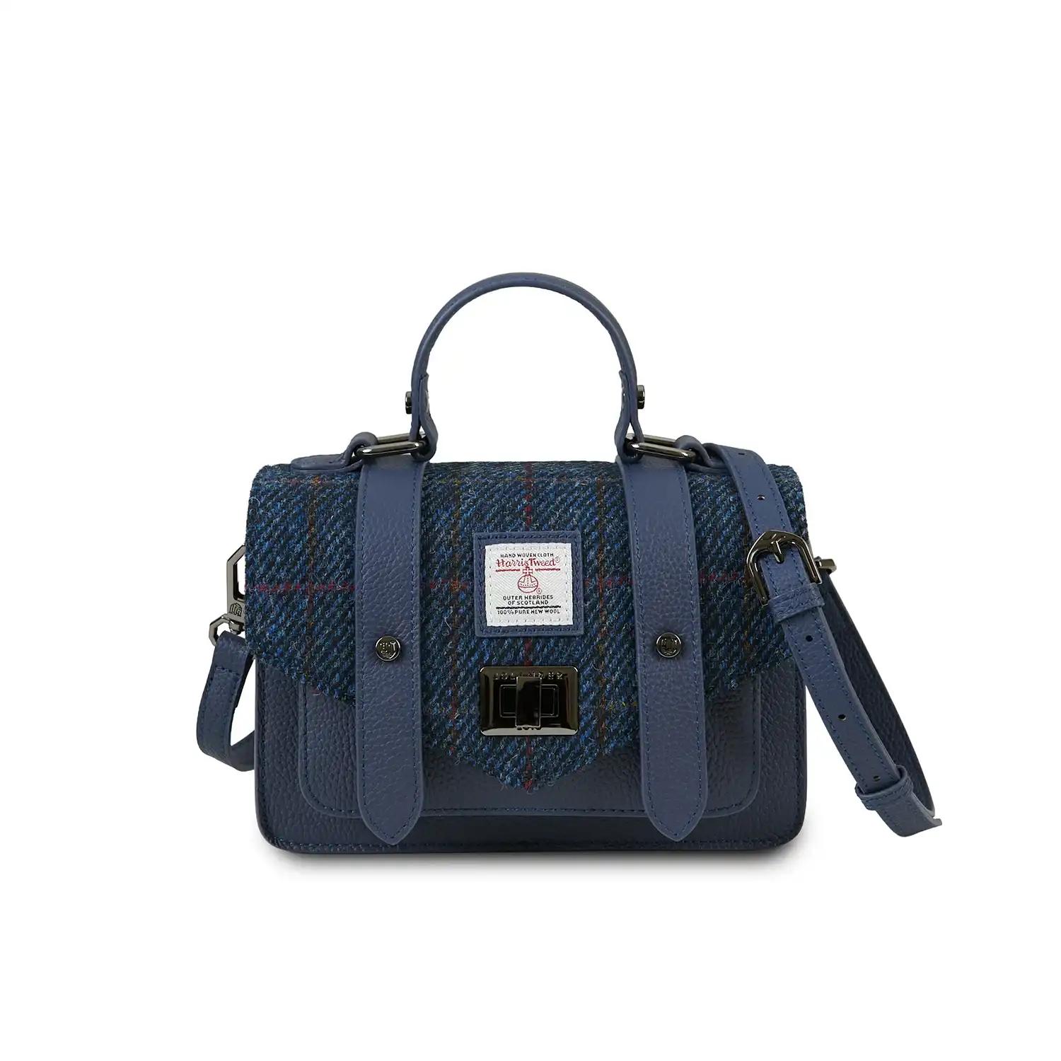 Harris Tweed Clutch, The Leather Mini Satchel, Islander, Navy Over-Check