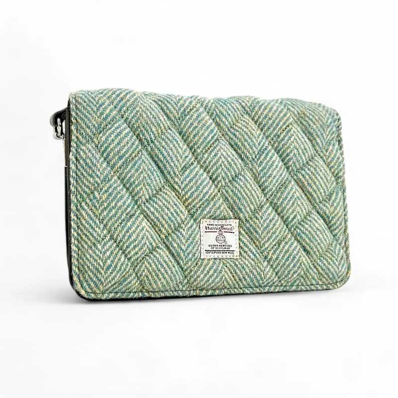 Harris Tweed Quilt Shoulder Bag In Turquoise Herringbone