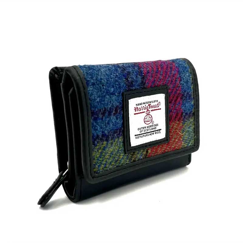 Harris Tweed Trifold Purse In Blue/Pink Check