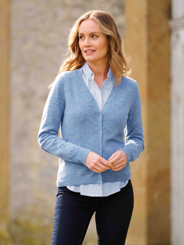 Merino Vest Mara The Cardigan Met Harris Tweed Details In Blue