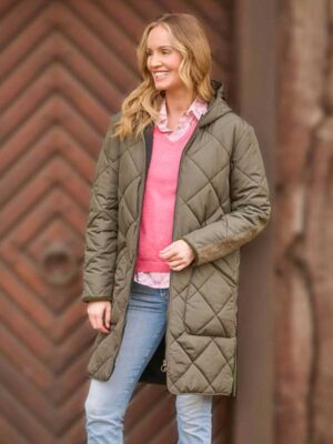 Dames Steppmantel 'Perth' Met Harris Tweed Details en Capuchon In Olive