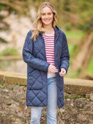 Dames Steppmantel 'Perth' Met Harris Tweed Details en Capuchon In Navy